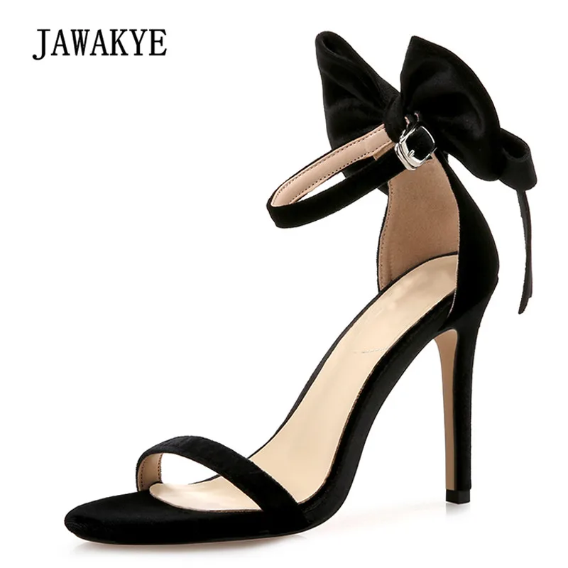 

2018 Luxury Velvet Gladiator Sandals Women Peep Toe Bowknot Ankle Strap One Belt Buckle High Heel Shoes Woman Sexy Party Shoes
