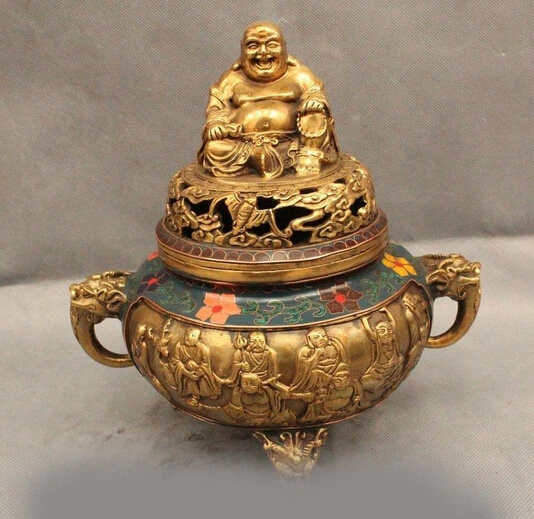 

B0601 518 9"Marked Chinese Folk Cloisonne Bronze Gild arhat Buddha Incense Burner Censer statue