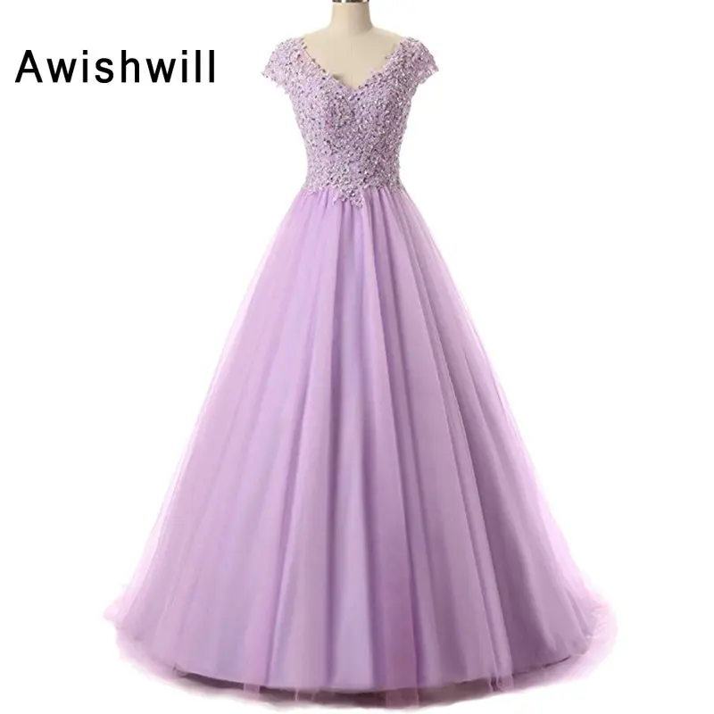 Real Photo Cap Sleeve V-neck Floor Length Appliques Beaded Tulle Lavender Color Long Prom Dresses Ball Gown Robe de Bal long prom dresses