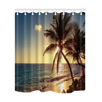 

Shower Curtains Sunset Seaside Palm Tree Bath Screens Home Decor Polyester Fabric Waterproof Washable Shower Curtain with Hooks