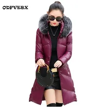 Эксклюзивное пальто из искусственной кожи, женское длинное зимнее пальто, Новое высококачественное тонкое пальто с капюшоном и толстым меховым воротником ODFVEBX HY137