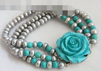 

0902 3Strands 8'' Gray Flat Round Freshwater Pearl Turquoise Bracelet