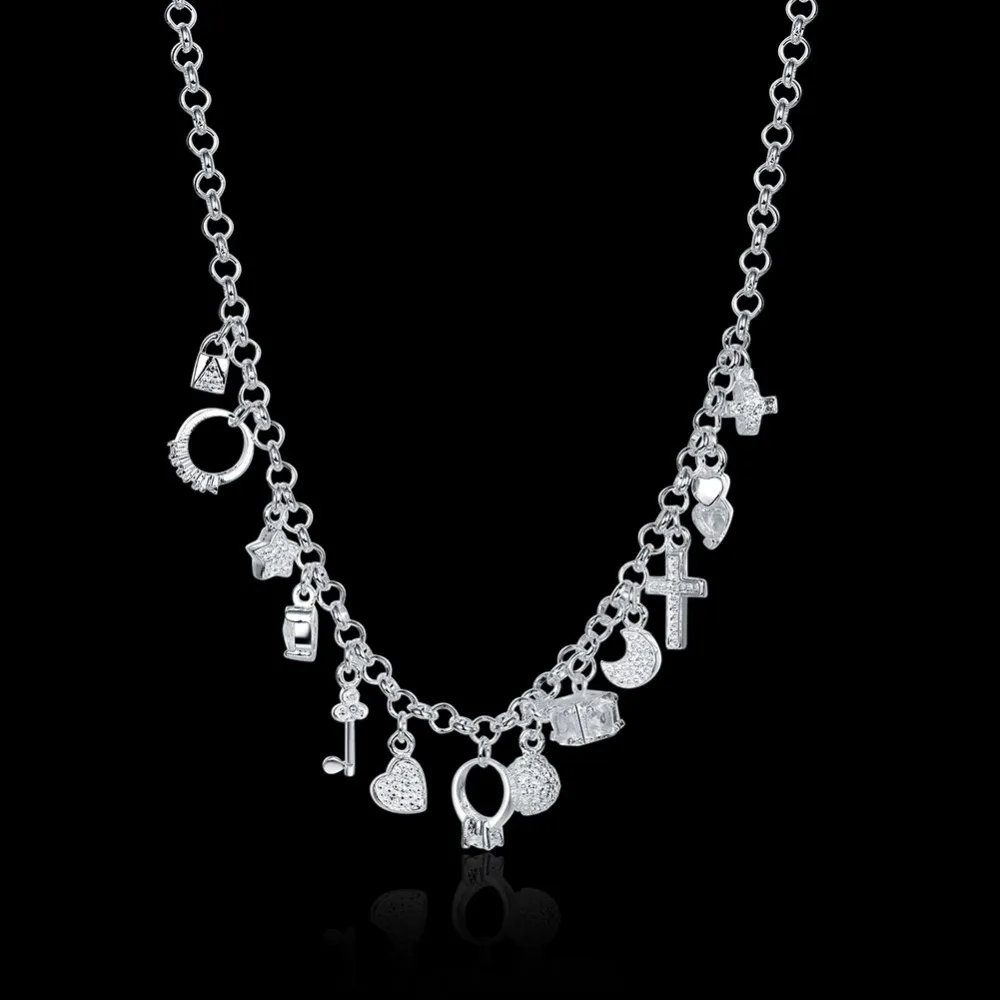 

925 sterling silver jewelry 13 different pendants statement fashion silver pendant heart chain necklace factory low price CN021