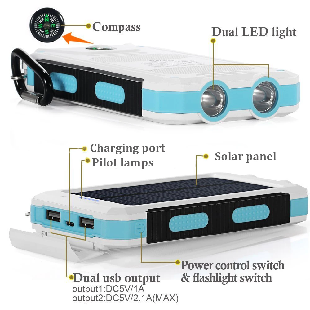 20000mah Solar Power Bank Portable Waterproof Dual USB External Battery Powerbank Dual LED Light Mobile Phone Battery Charger