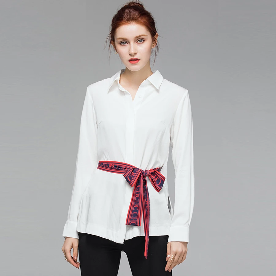 

VERDEJULIAY High Quality Office Cotton Tops 2019 Summer Runway White Blouse Letter Print Belt Turn-Down Collar Working Shirts