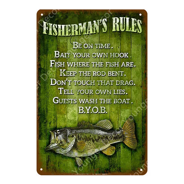 Small Fishing Tin Sign Vintage Style 20cm X 30cm fisherman's rules 1