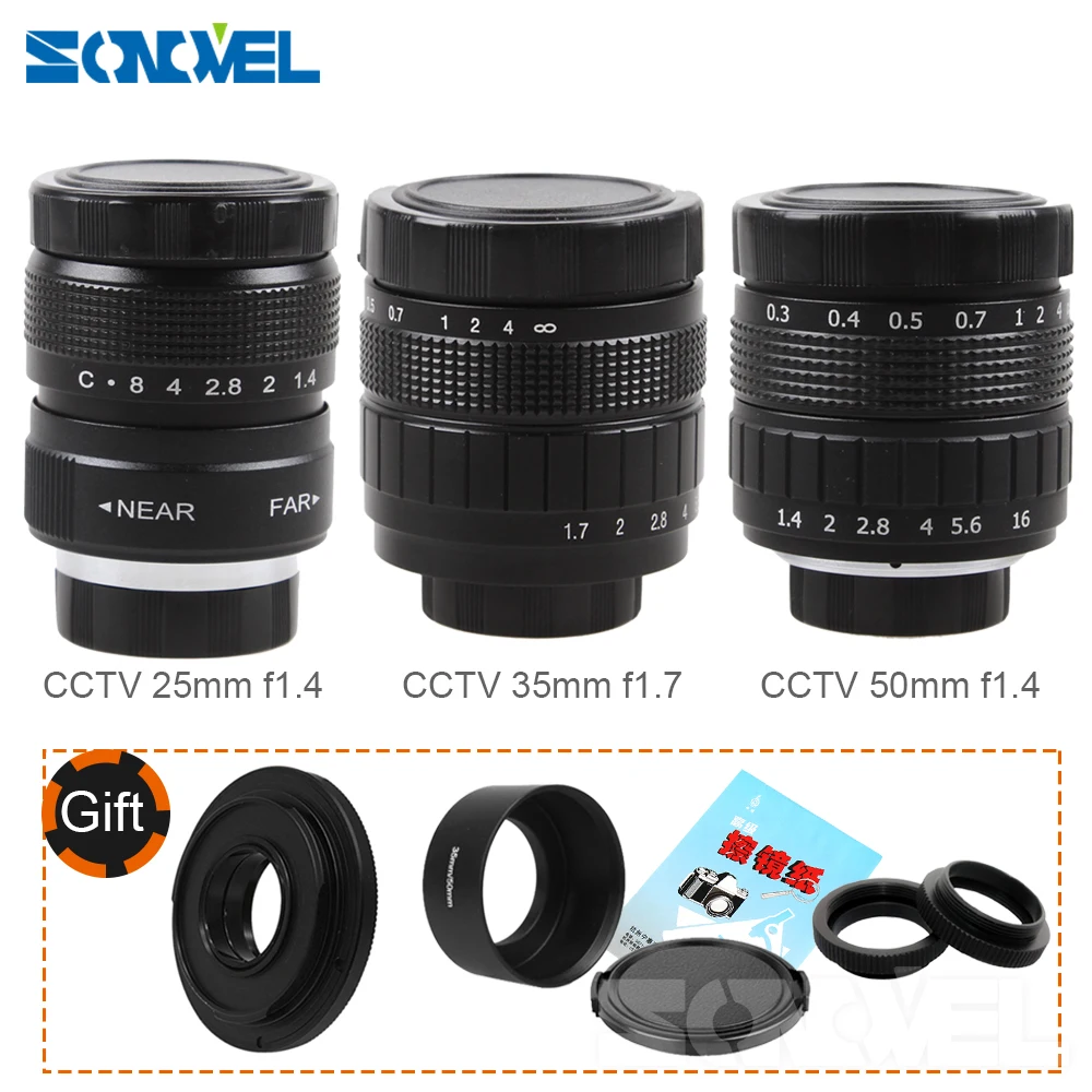 

3in1 CCTV Lens 25mm f1.4 Lens/ 35mm f1.7 Lens/ 50mm f1.4 Lens Mount Ring Kit for Canon EOS M M2 M3 M5 M10 Mirrorless camera