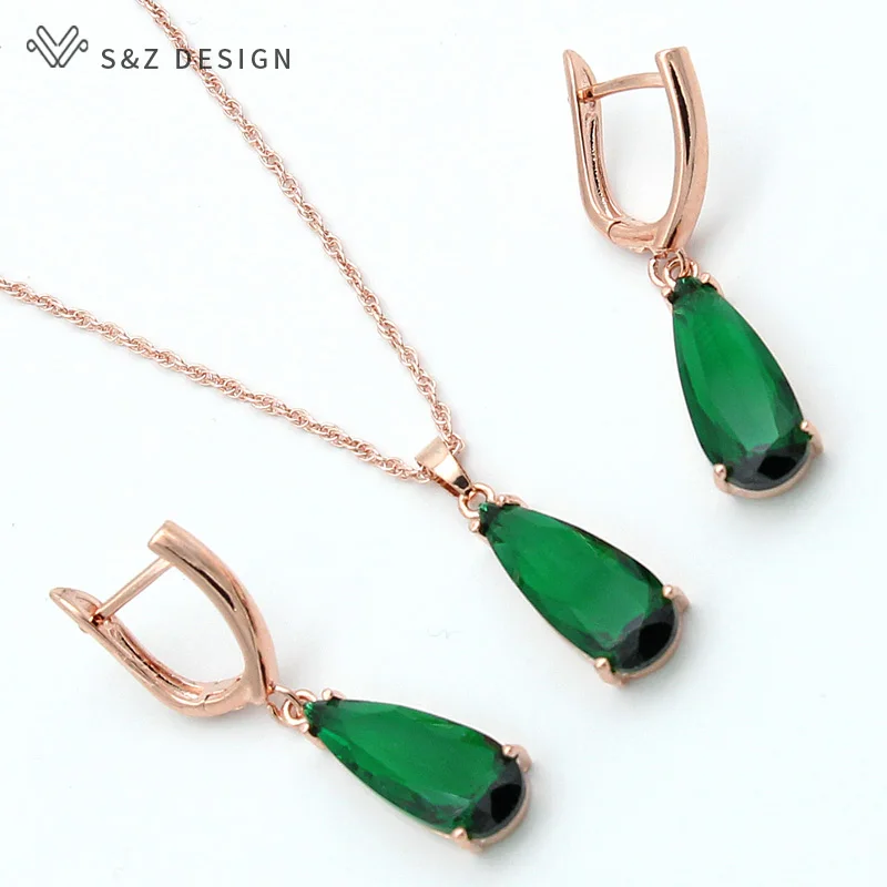 S&Z 6 Color Long Water Drop Dangle Zircon Earrings Jewelry Set 585 Rose Gold Color For Women Korean Fine Wedding Party Jewelry