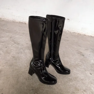 Новые женские зимние ботинки из лакированной кожи с круглым носком обувь на квадратном каблуке мотоциклетные ботинки швейная обувь до середины икры - Цвет: Черный