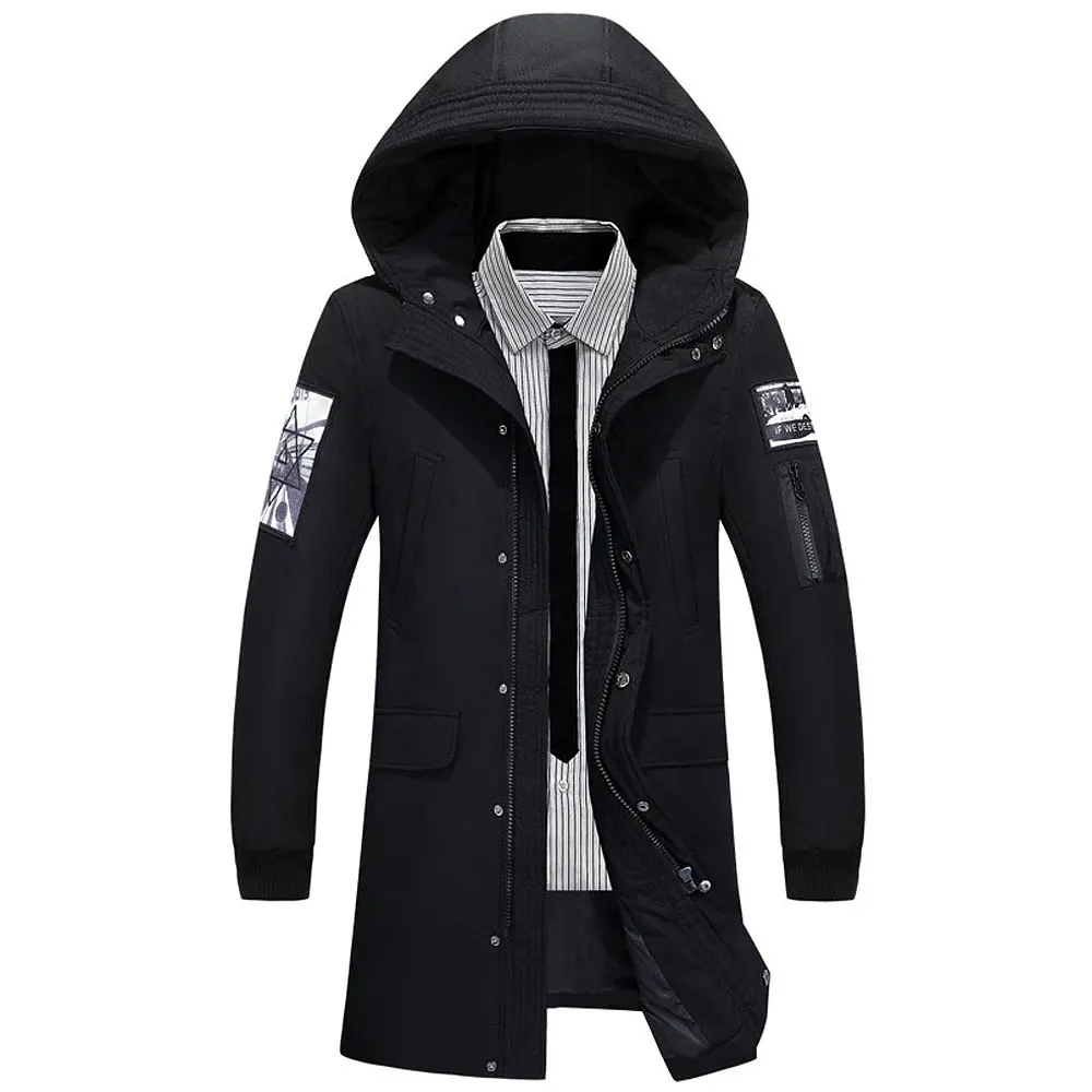 Пуховик Мужская зимняя куртка мужская Высококачественная с капюшоном пуховое пальто толстое длинное пальто для мужчин с капюшоном с воротником размера плюс 3XL - Цвет: Черный