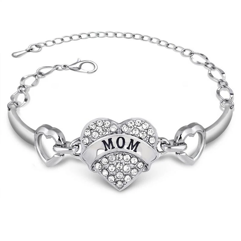 Mom Letters Bracelets For Mother's Day Silver Crystal Rhinestone Heart