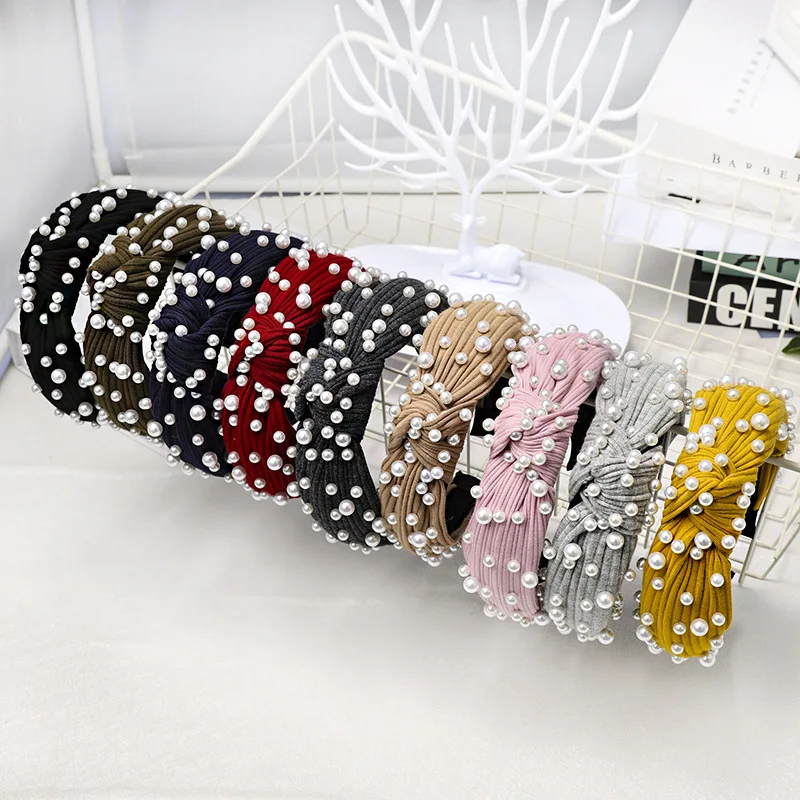 

Pearl Headband Summer Spring Knot Hairband with Pearls Korean Adult Hair Accessories Knotted Elastic Wide Headwear Hair Band