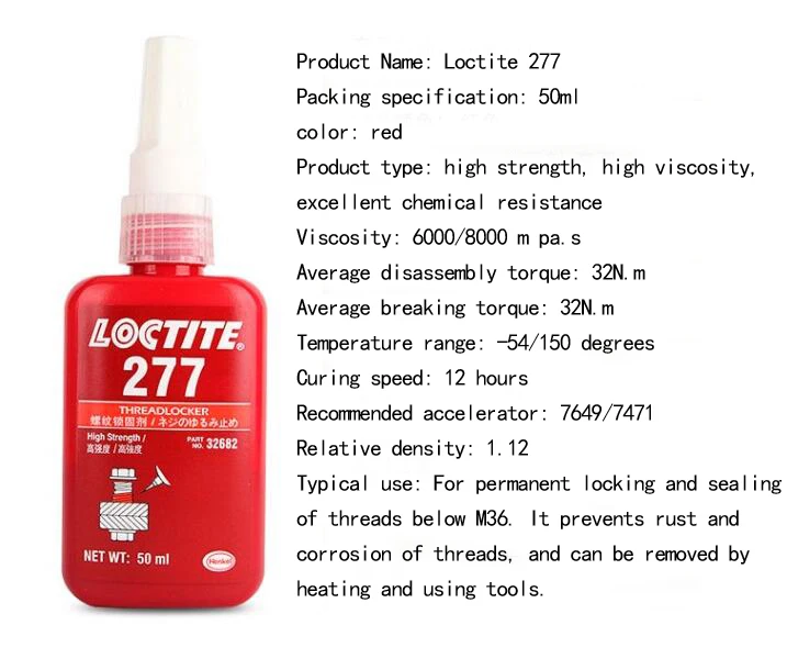 Resistência o Parafuso de Vedação Vedação de Alta 277 de Alta Loctite de Alta Viscosidade Cola Anaeróbica Cola Anti loose Thread Locker 2 Loctite 277 de alta resistência