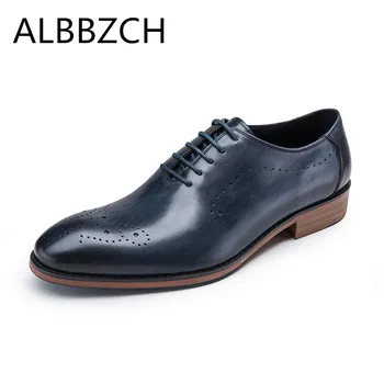 

New fashion carving oxofrds men shoes pointed toe lace up men's genuine leather dress shoes black blue wedding shoes work shoes