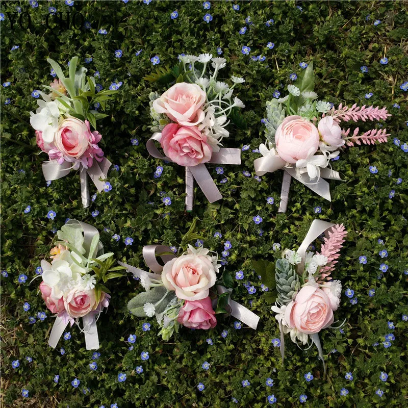 Wedding Accessories Boutonnieres Corsages Pink Rose Cuff Bracelet Flore Bridesmaid Groomsmen Marriage Silk Wrist Corsages (57)