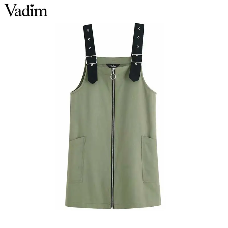 

Vadim women vintage solid mini dress chic zipper decorate sleeveless adjustable straps female casual dresses vestidos QC530