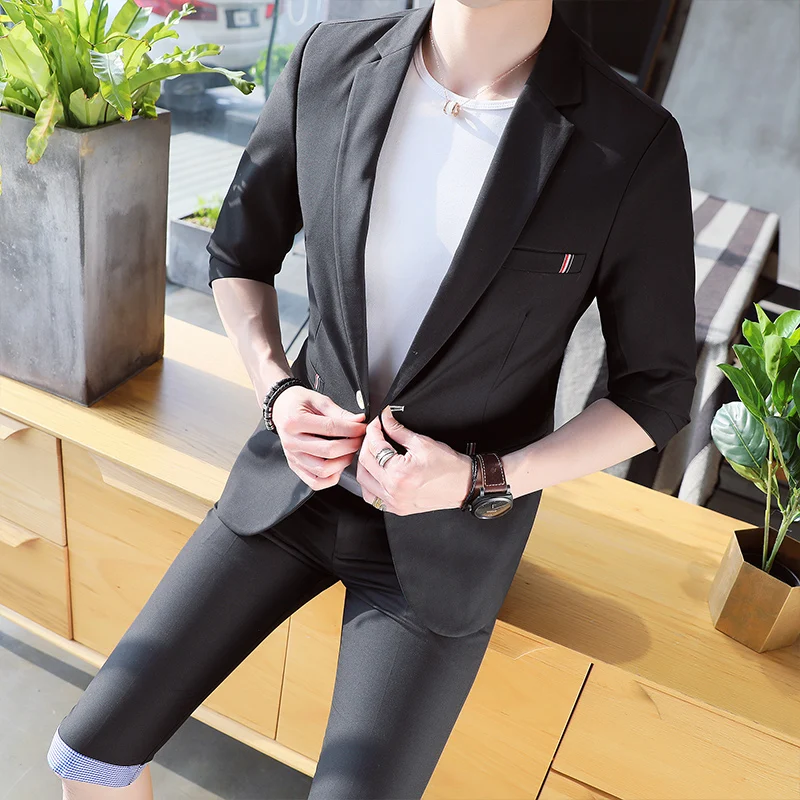 (Front + pants) 2018 spring new suit suit sleeves small West Slim casual two-piece summer five points sleeve men