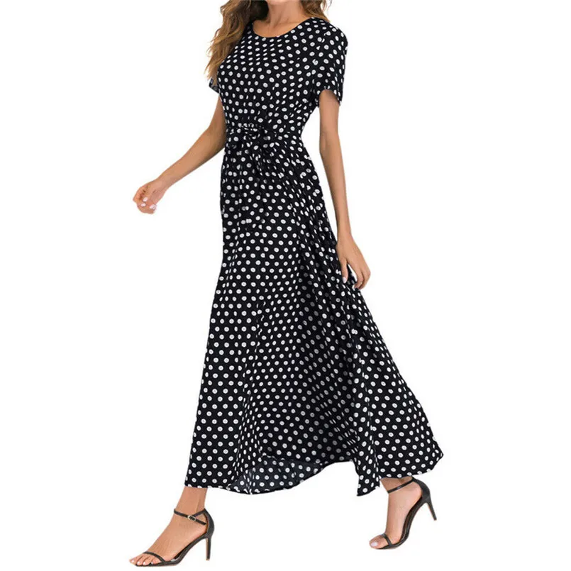  New Women Summer Vintage O-Neck Short Sleeve Beach Polka Dot Bandage Long Maxi Dress Sexy Elegant Lady Holiday New Dress #4R08 (14)