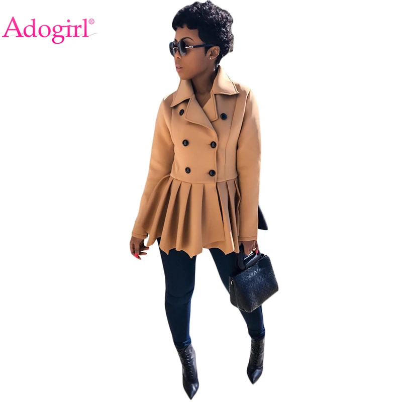 

Adogirl Pleated Color Patchwork Woolen Overcoat Turn Down Collar Long Sleeve Double Breasted Warm Winter Coat Outwear for Women