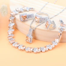 925 пробы, серебряные свадебные ювелирные наборы, серьги из кубического циркония для женщин, серебряные ювелирные кольца, браслет, ожерелье, набор, подарочная коробка