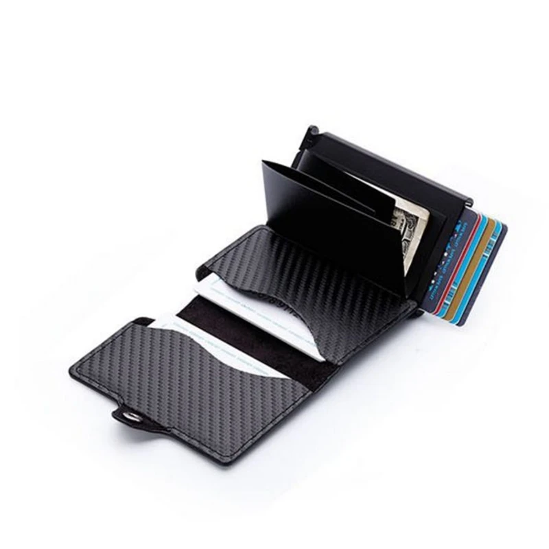 

2019 Unisex Carbon Fiber PU Leather Mini RFID Blocking Wallets Aluminium ID Bank Card Holder Antitheft Sliding Credit Card Case