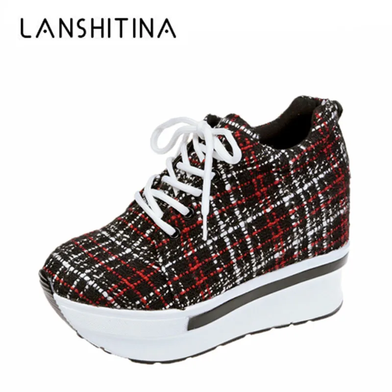 

Women Wedge Casual Shoes Lace-up Height Increased Sneakers Breathable Black Women Autumn Walking Canvas Trainers 9CM Heels Shoes