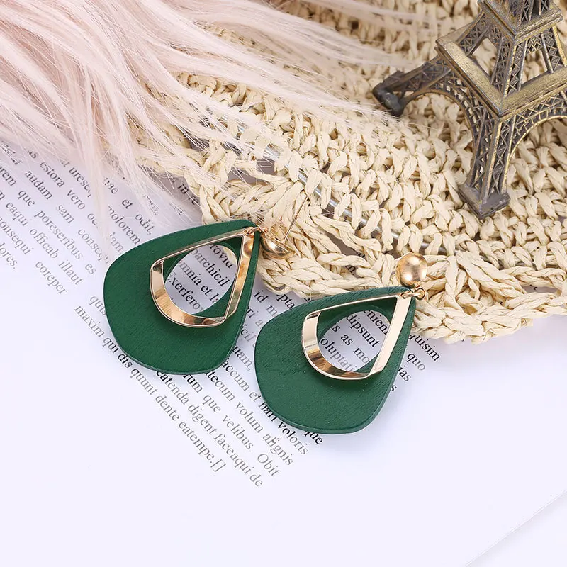 Korean Wooden Drop Earrings Personality Simple Geometric Hollow Water Drop Dangle Brincos EB152 - Image 4