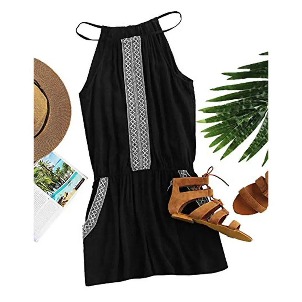 النساء ارتداءها ملابس حريمي 2019 المرأة عارضة المطرزة الشريط التفاصيل كاميس رومبير مع جيوب Playsuits salopette فام