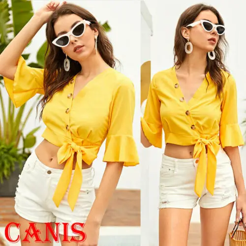 

Women Half Sleeve V-neck Loose Tops Shirt Ladies Bandage Casual Button Blouse