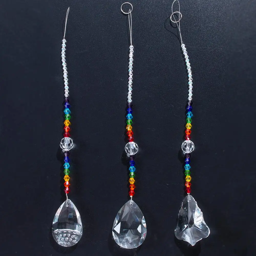 H&D 3pcs Rainbow Hanging Crystal Prism Suncatcher with Chakra Crystal Beads for Window,Chandelier Crystal Part,Home Garden Decor