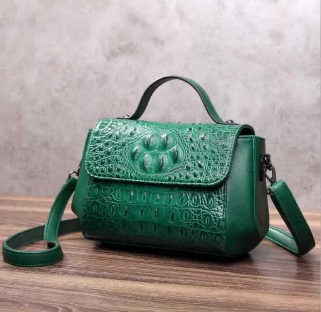 Сумка из натуральной кожи, сумка через плечо, маленькая сумка с крокодиловым узором, клатч на цепочке, женские сумки из кожи аллигатора для женщин, сумка через плечо - Цвет: Зеленый