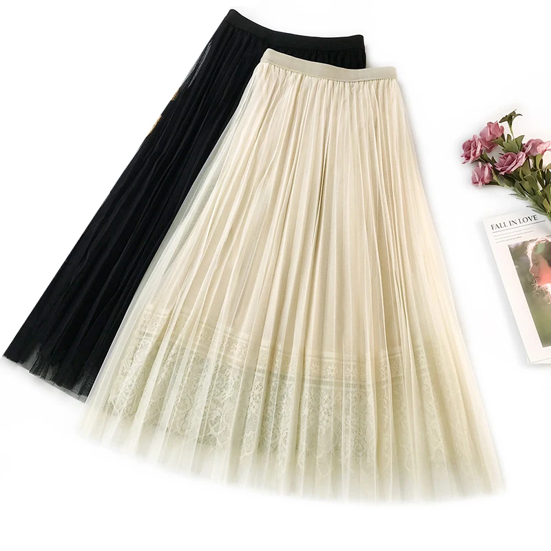 Elegant Women Skirts 2020 New Spring High Waist Slimming Long Pleated Skirt Floral Lace Patchwork Midi Skirt Saias Faldas Jupe
