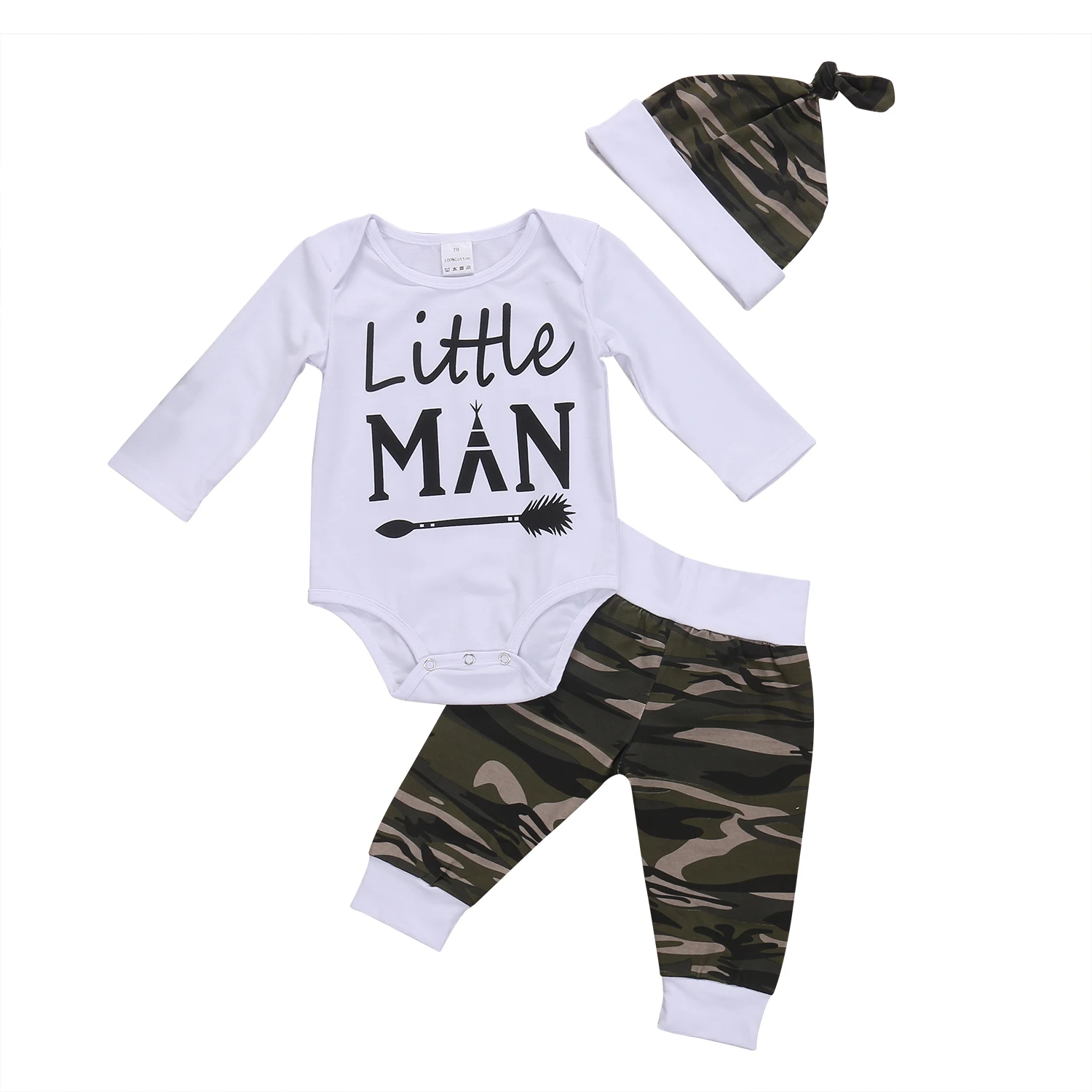 

3Pcs Newborn Baby Boy Long Sleeve Little Man Tops Romper +Camouflage Pants Hat Outfits Set 0-18M Baby Clothes