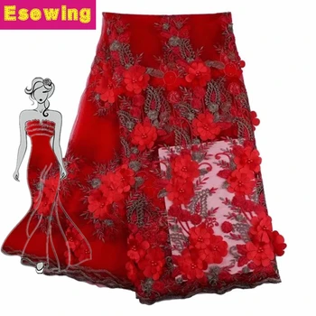 

2018 Nigerian Lace Fabric For Wedding Dress, African 3D Flower French Net Lace Fabric High Quality, Red color Applique for dress