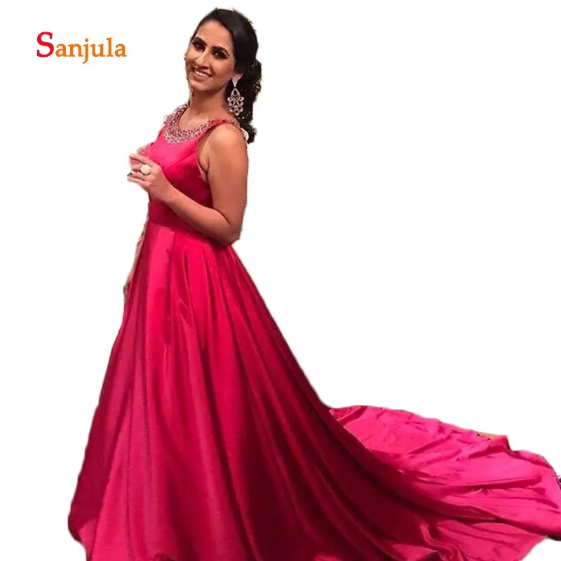 

Fuschia Satin Prom Dresses Glitter Beading Crystal Sweep Train Women Evening Gowns Scoop A-Line Graduation Dresses D792