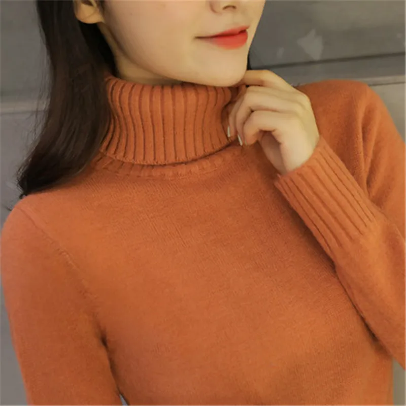 Новинка, осенне-зимние женские вязаные свитера, пуловеры, водолазка с длинным рукавом, Одноцветный тонкий эластичный короткий свитер для женщин - Цвет: Оранжевый