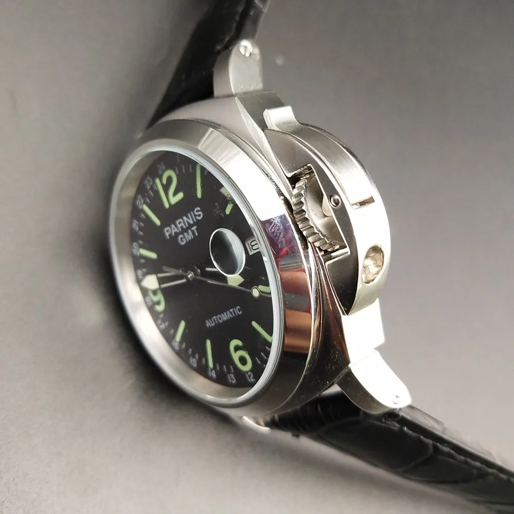 GMT parnis наручные часы с черным циферблатом автоматические часы 44 мм полированный чехол