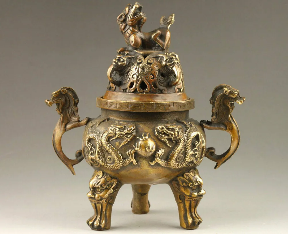 China antique handmade Brass dragon statue Incense Burner