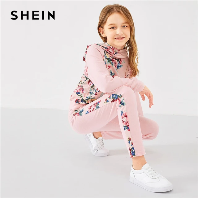 SHEIN Kiddie Pink Raglan Sleeve Floral Hoodie And Pants Set Two Piece