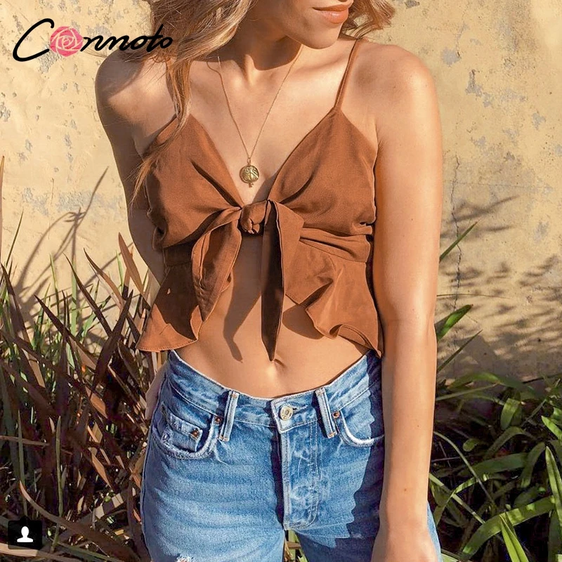 

Conmoto Satin Sexy Club Crop Tops Women Spaghetti Strap Tops Camis Shirts Feminino Bow Ruffles Summer Beach Shirt Top 2019