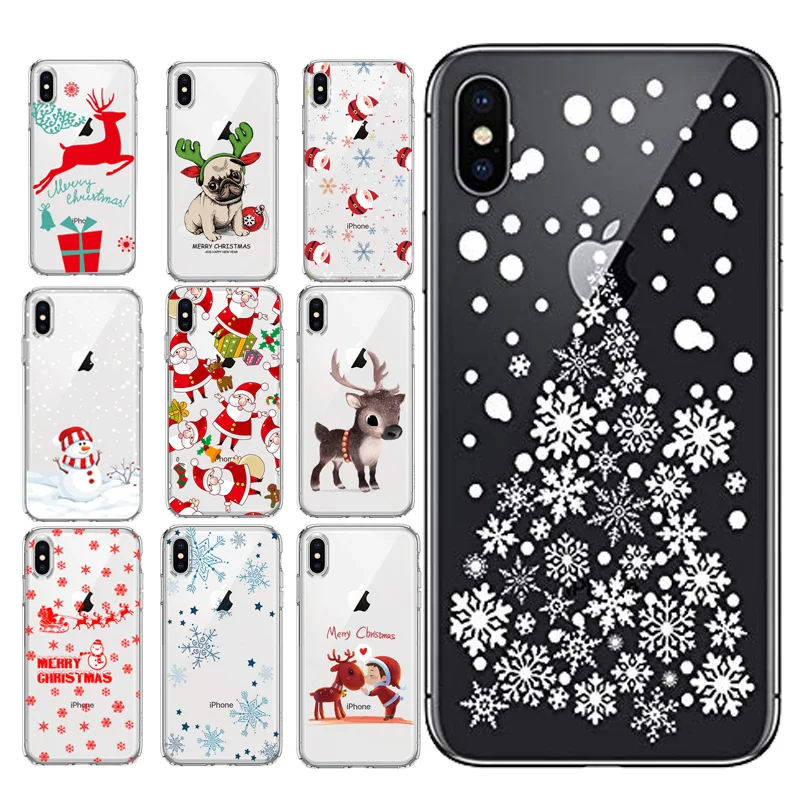 Christmas Santa Reindeer Patterned Clear Soft TPU Case For iPhone 8 Plus XS XR XS Max 6S 5S 7 Plus 7 6 5 SE 8 Chritmas TPU Coque (6)