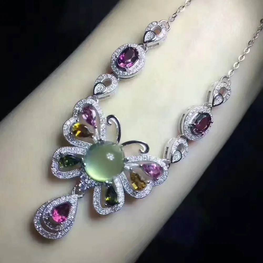  Collier pendentif tourmaline multicolore naturel S925 argent naturel vert collier de luxe bijoux de