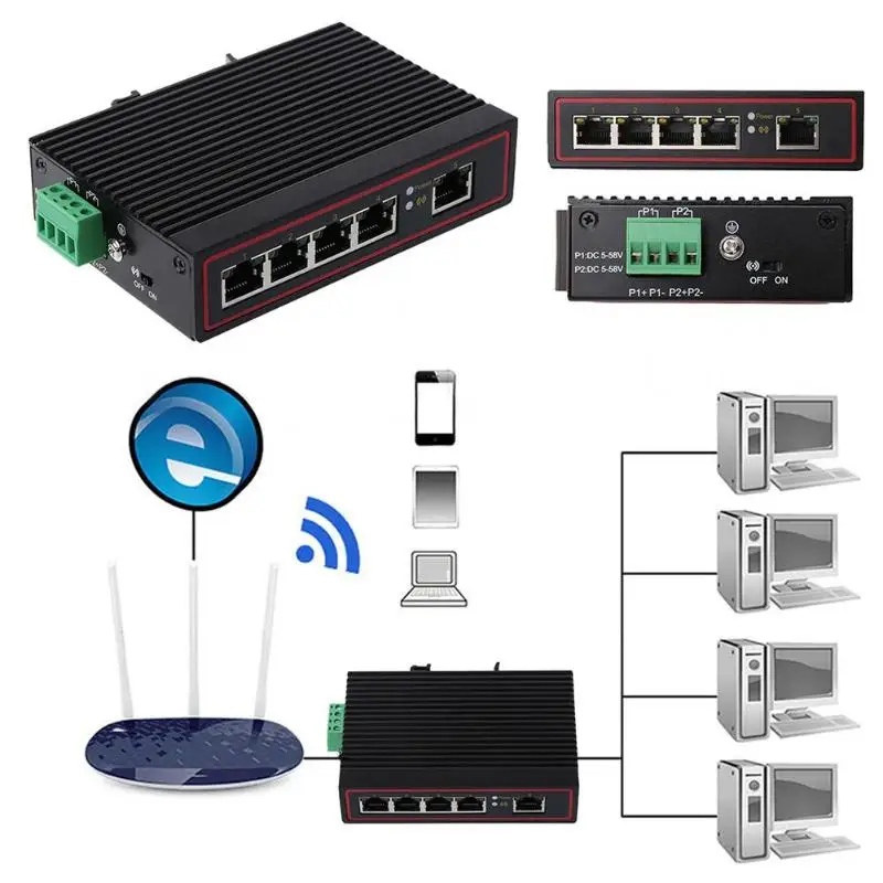 

NEW 5Ports IEEE 802.3/3u/3x/3az Network Switch Industrial Ethernet Switch 10/100M Signal Strengthen DIN Rail Type Switch