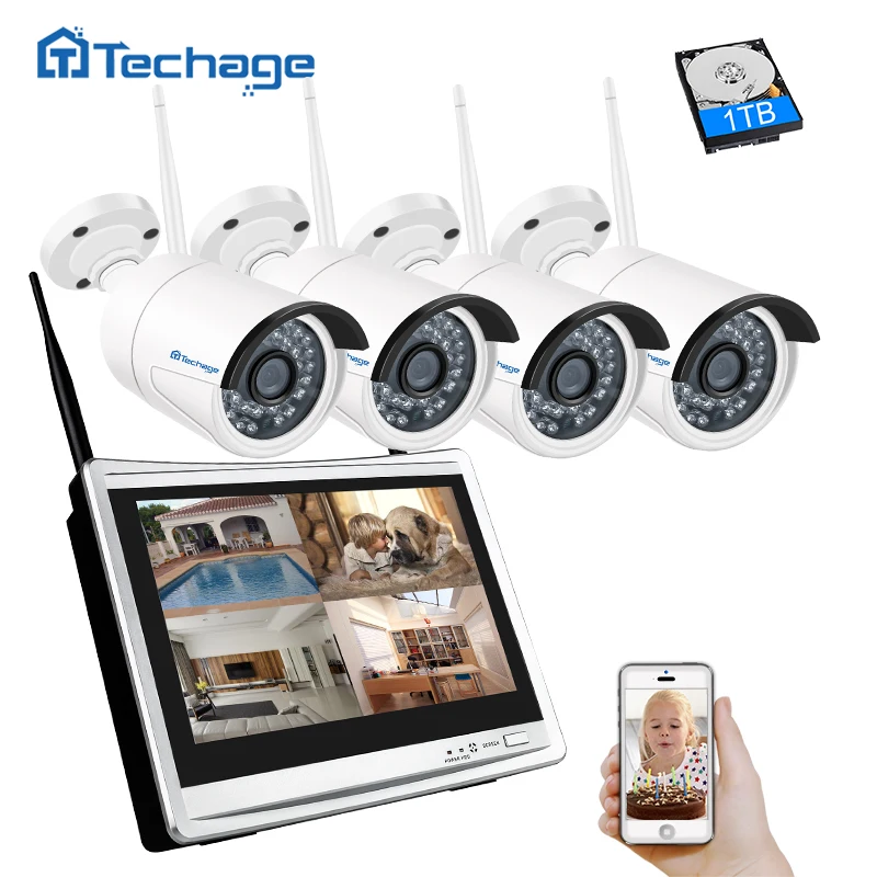 Techage 4CH 1080P 12" LCD Wireless NVR Kit Wifi CCTV System 960P 1.3MP