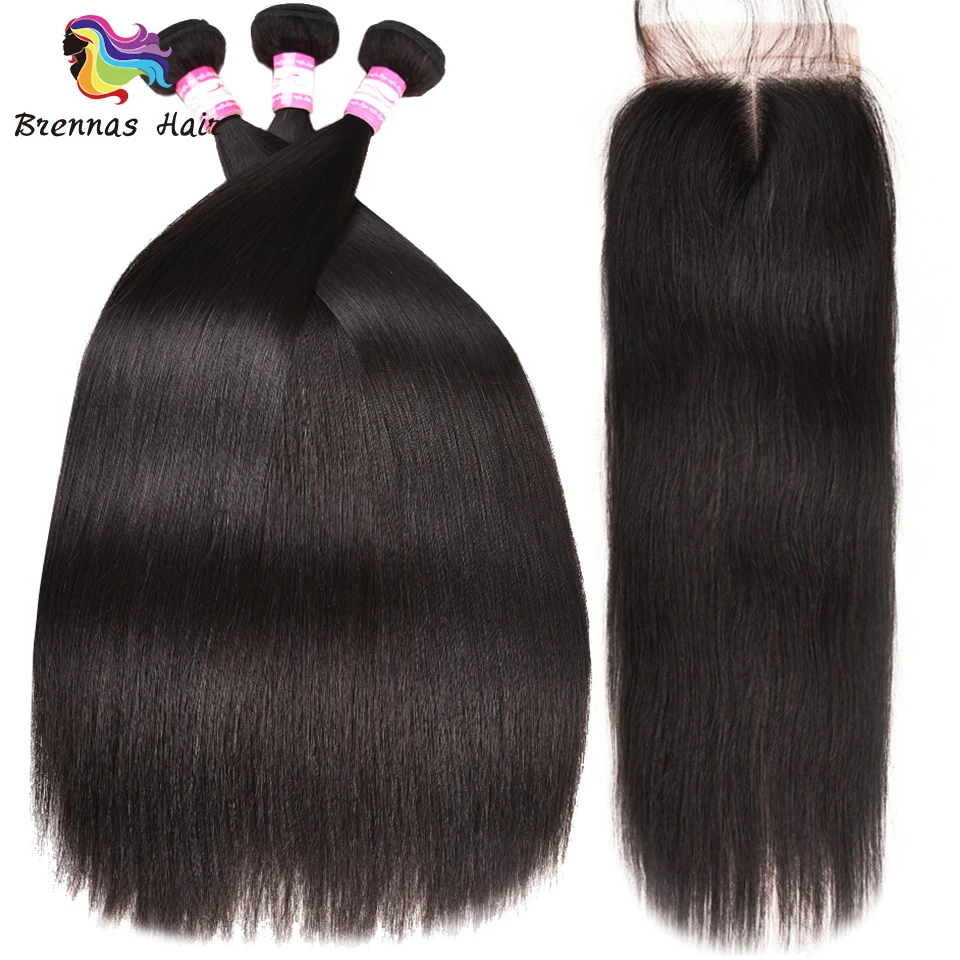 

100% Brazilian Human Remy Straight Hair Bundles 3pcs with a closure hair extention no shedding free tangling soft hair Brennas