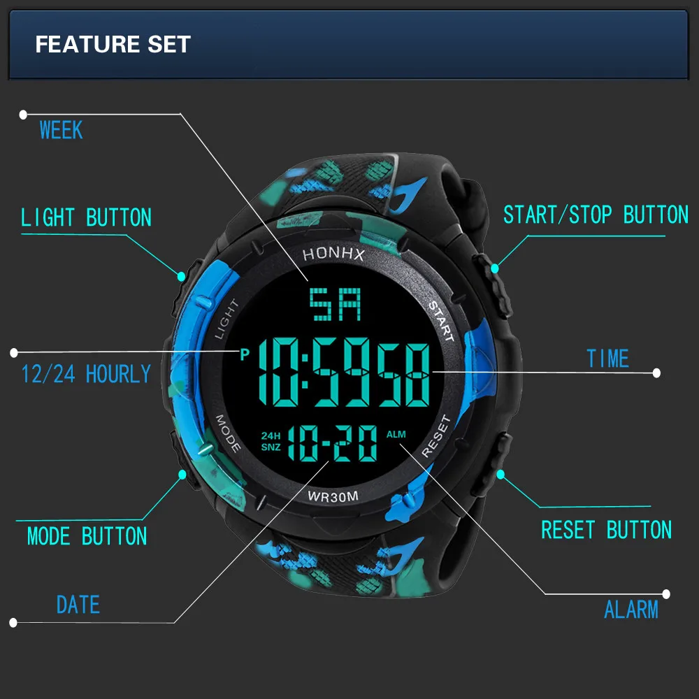 HONHX, модные, повседневные, брендовые, мужские часы, светодиодный, водонепроницаемые, цифровые, кварцевые, модные часы, военные, спортивные, мужские часы, horloges vrouwen