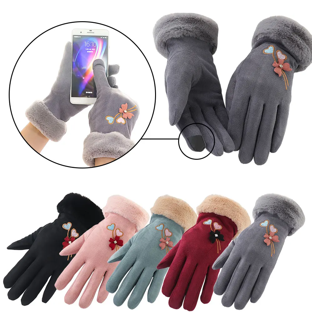 Women's Gloves Embroidery Flower Winter Warm Wool Finger Gloves Female
