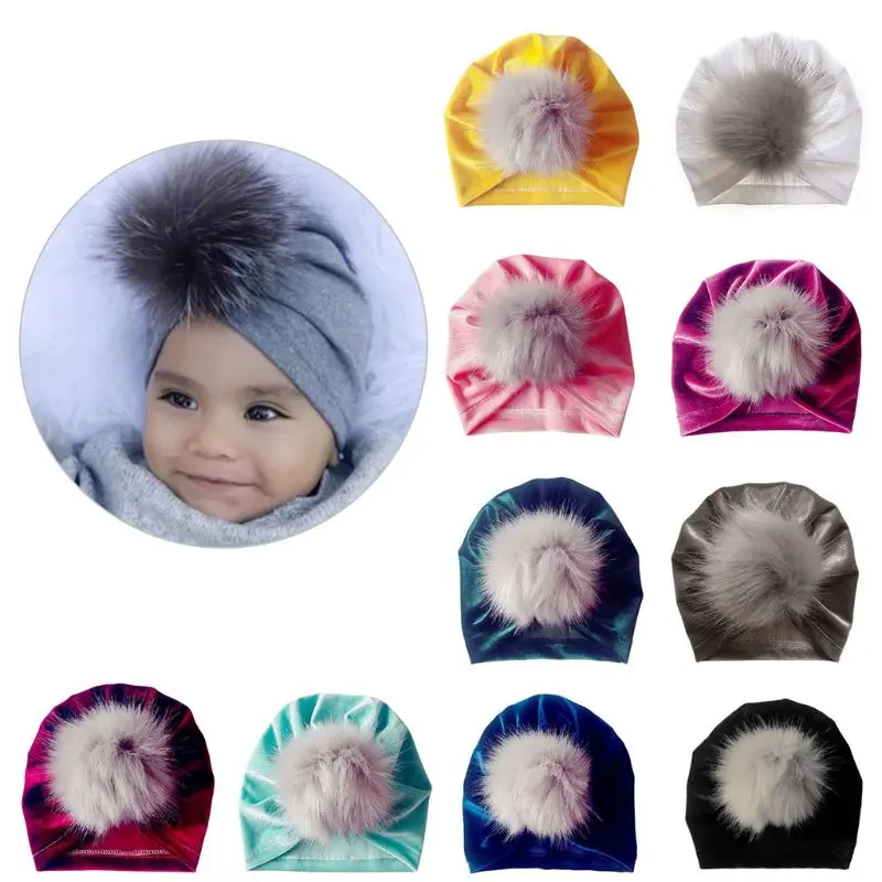 

Infant Baby Girls Winter Glitter Velvet Turban Hat Fluffy Pompom Ball Ruched Pleated Beanie Cap Solid Color Knotted Ear Warmer
