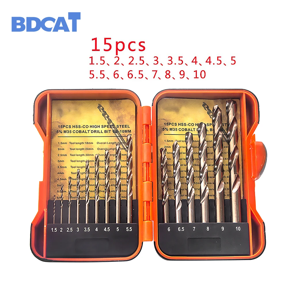 BDCAT 15Pcs/Set 1.5-10mm Park Shank HSS-Co 5% M35 Cobalt Twist Drill Spiral Drill Bit for metalworking and woodworking BDCAT 15Pcs/Set 1.5-10mm Park Shank HSS-Co 5% M35 Cobalt Twist Drill Spiral Drill Bit for metalworking and woodworking