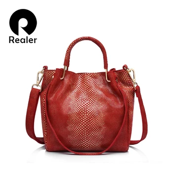 

REALER brand women genuine leather handbag casual shoulder bag female gold python pattern leather tote bag messenger bags
